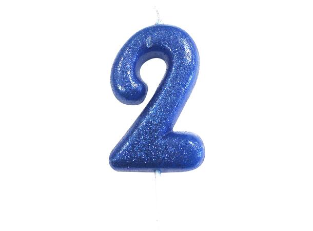 1 Nr 2 Glitter Tall - Blå Støpt kakelys på pinne - 7cm