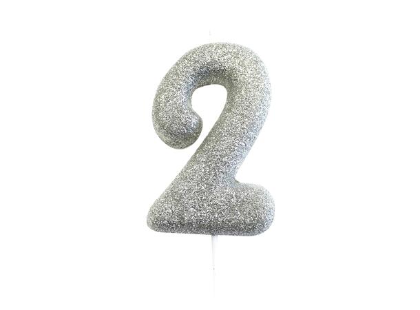 1 Nr 2 Glitter Tall - Sølv Støpt kakelys på pinne - 7cm