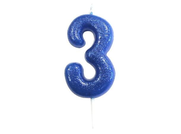 1 Nr 3 Glitter Tall - Blå Støpt kakelys på pinne - 7cm