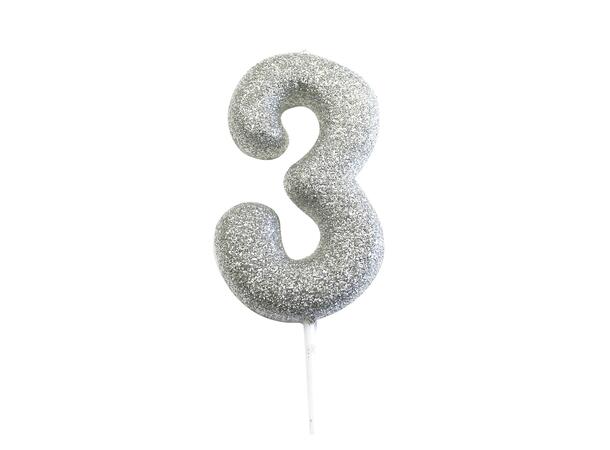1 Nr 3 Glitter Tall - Sølv Støpt kakelys på pinne - 7cm