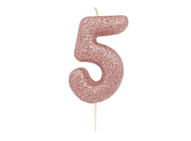 1 Nr 5 Glitter Tall - Rosegull Støpt kakelys på pinne - 7cm