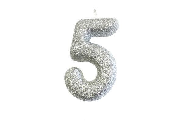 1 Nr 5 Glitter Tall - Sølv Støpt kakelys på pinne - 7cm