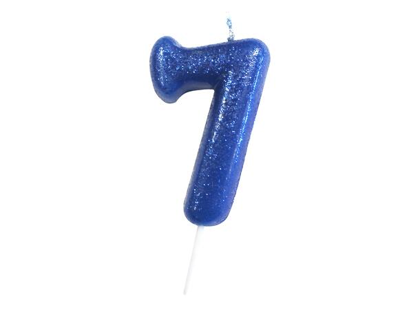 1 Nr 7 Glitter Tall - Blå Støpt kakelys på pinne - 7cm