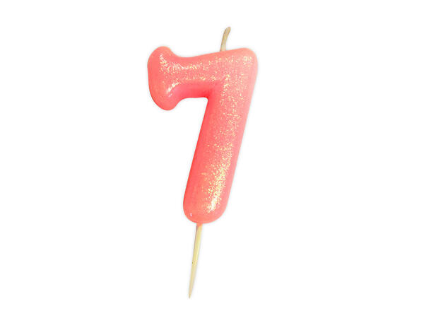 1 Nr 7 Glitter Tall - Rosa Støpt kakelys på pinne - 7cm