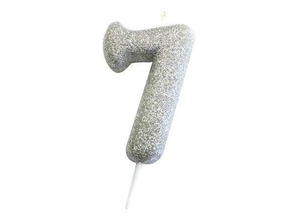 1 Nr 7 Glitter Tall - Sølv Støpt kakelys på pinne - 7cm