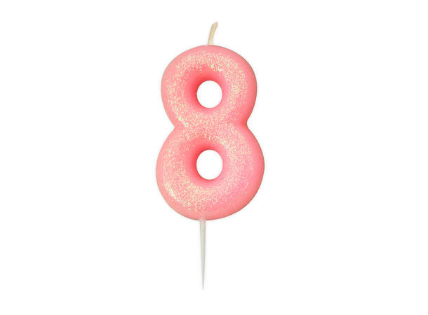 1 Nr 8 Glitter Tall - Rosa Støpt kakelys på pinne - 7cm
