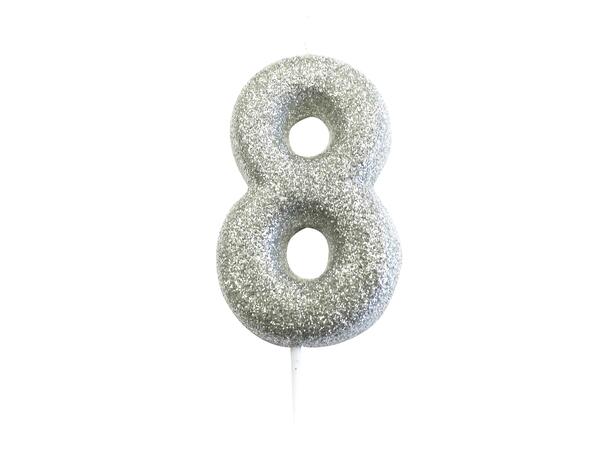 1 Nr 8 Glitter Tall - Sølv Støpt kakelys på pinne - 7cm
